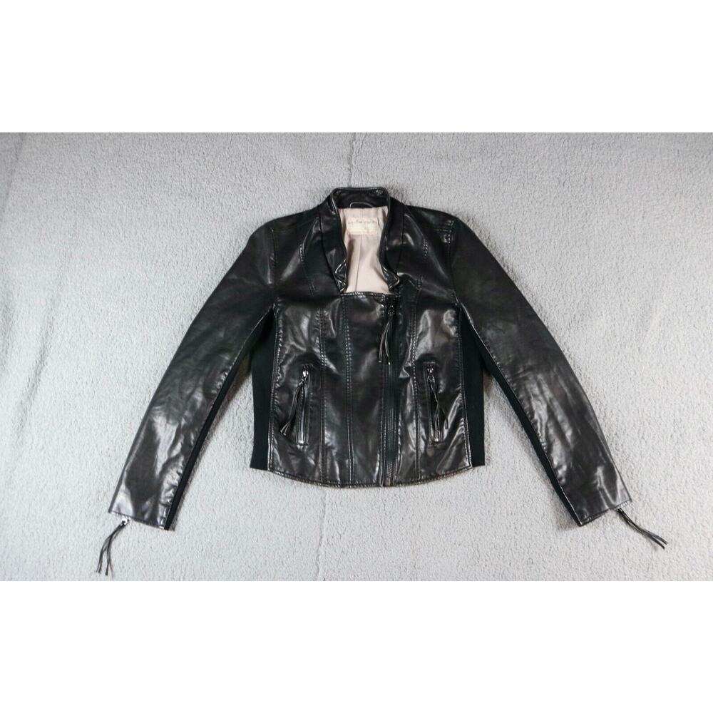 Free People We The Free Womens S Black Faux Leather Knit Moto Jacket Tassels